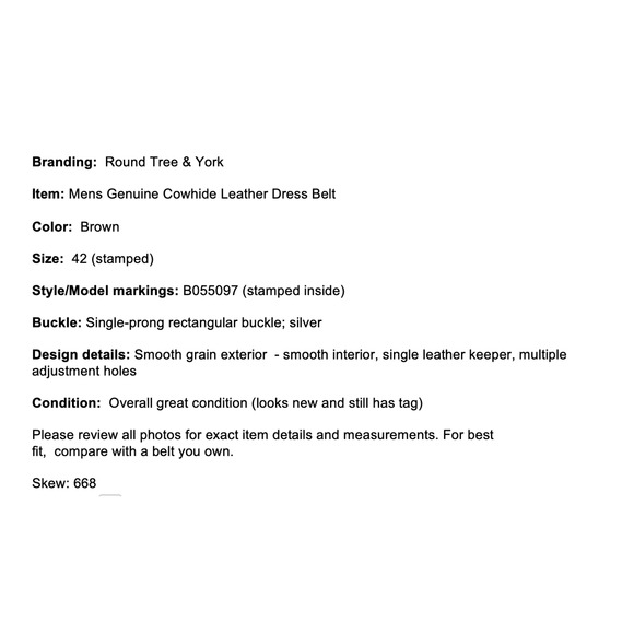 Round Tree York 42 Mens Smooth Leather Dress Belt Brown Silver Buckle B055047 - Picture 2 of 16